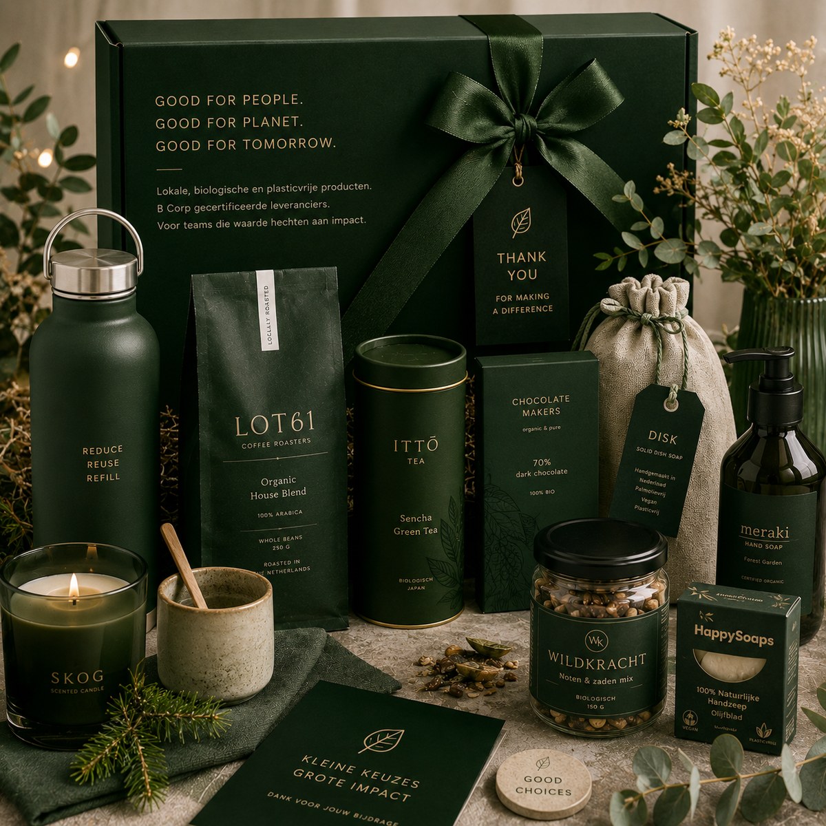 Duurzaam kerstpakket — lokale, biologische en plasticvrije producten, B Corp gecertificeerd